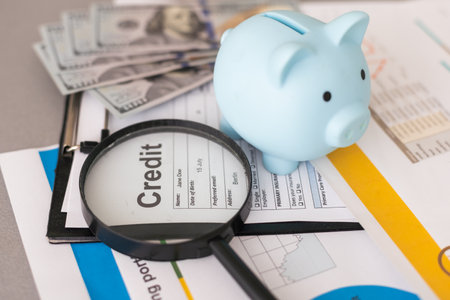 Piggybank and fountain pen with calculatorの写真素材