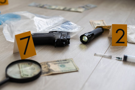 High contrast image of a crime scene with gun and markers on the floorの写真素材