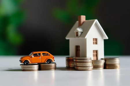 A model of a house on a pyramid of yellow coins and a car on a white background. Generative AIの素材