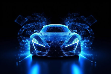 Futuristic car with wireframe intersection and doors opened in digital user interface environment Generative AIの素材