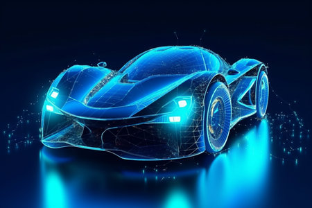 Futuristic car with wireframe intersection and doors opened in digital user interface environment Generative AIの素材