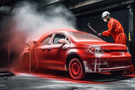 Automotive Detailer Washing Away Smart Soap and Foam with a Water High Pressure Washer. Close Up of a Red Performance Car Getting Care and Treatment at a Professional Vehicle Generative AIの素材