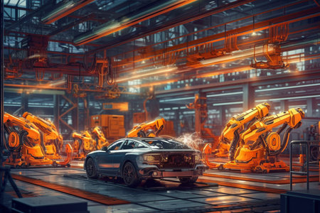 Car assembly line at an innovative factory Generative AIの素材