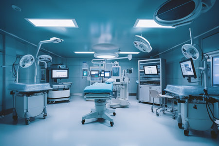 Empty operating room with patient lying under cover Generative AIの素材
