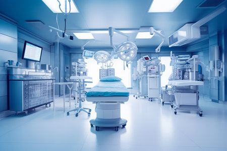 Empty operating room with patient lying under cover Generative AIの素材