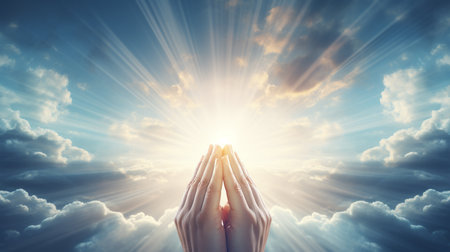 hands in prayer with a dramatic stormy grey cloudscape background Generative AIの素材