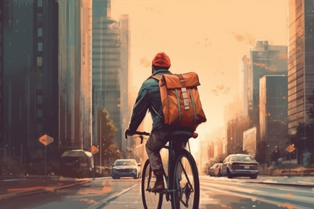 Man on a bicycle on modern city background Generative AIの素材