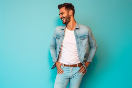 Portrait of handsome confident stylish hipster lambersexual model.Man dressed in white T-shirt and jeans. Fashion male isolated on blue wall in studio Generative AIの素材