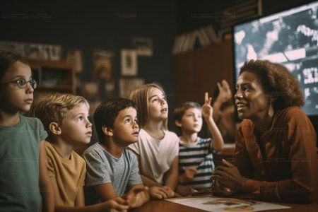 little kids working with teacher on programming class Generative AIの素材