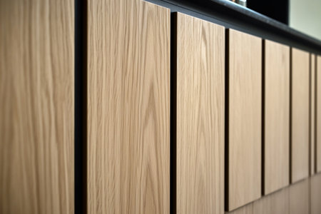 Modern brown wood oak kitchen cabinet equipment, stylish white granite countertops and glass gas stove in a home Generative AIの素材