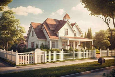 Charming old house on a green meadow with a wooden fence. Green field with small cozy wooden house. 3D model. Isolated. Vintage style. Digital Illustration Generative AIの素材