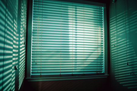 Wooden blind curtain at window. Generative AIの素材