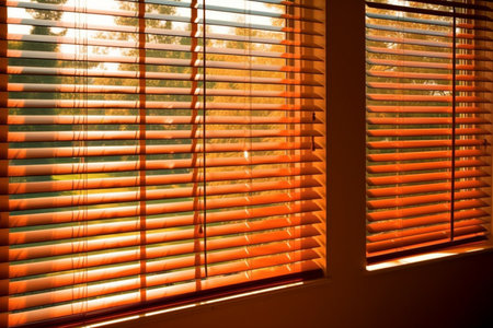 Wooden blind curtain at window. Generative AIの素材