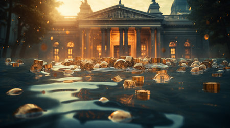 Bank drowning under water. Conseptual banking crisis 3D rendering illustration. Generative AIの素材