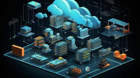 Conceptual cloud computing and data storage technology for future innovation . 3D render computer graphic . Generative AIの素材