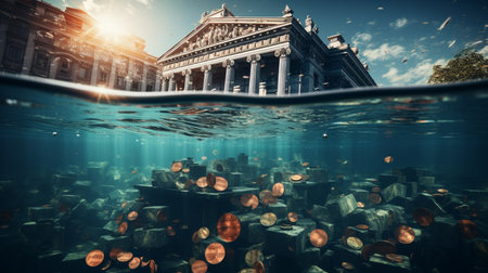 Bank drowning under water. Conseptual banking crisis 3D rendering illustration. Generative AIの素材