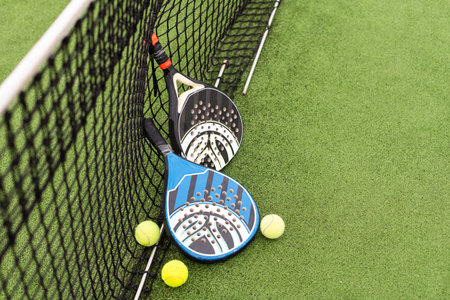 White professional paddle tennis racket with natural lighting on blue background. Horizontal sport...