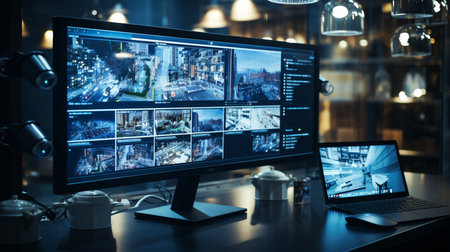 close up on workstation in the hacker room background, 3d illustrationの素材