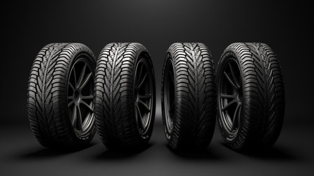 New car tires. Group of road wheels on dark background. Summer Tires with asymmetric tread design. Driving car concept.の素材