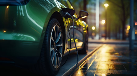 Power supply connect to electric car for add charge to the battery. Charging re technology industry transport which are the future of the Automobile.の素材