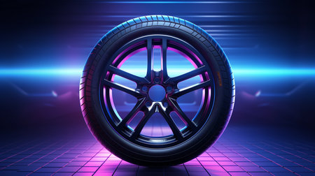 auto wheels on a dark background with chrome rims close-up. 3d renderの素材