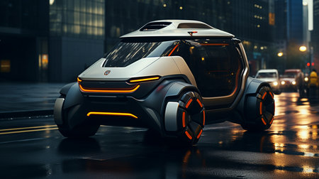 Futuristic electric car very fast driving on highway. Futuristic city concept. 3d rendering. 3D Illustrationの素材