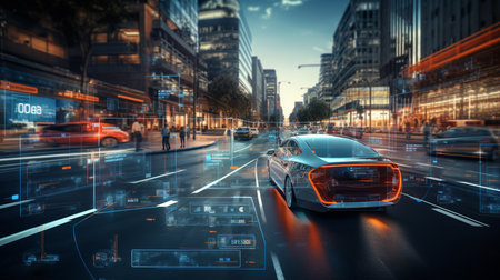 Autonomous self driving electric car change the lane and overtakes city vehicleの素材