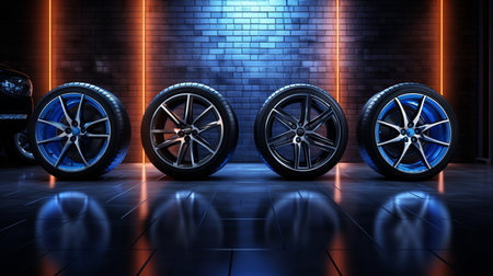 Hot brake disc in a car wheel. An overheated disk glows red. 3d illustrationの素材