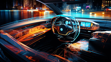 Creative glowing digital car on blurry night city background. Transport and vehicle concept. 3D Renderingの素材