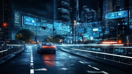 Autonomous self driving electric car change the lane and overtakes city vehicleの素材