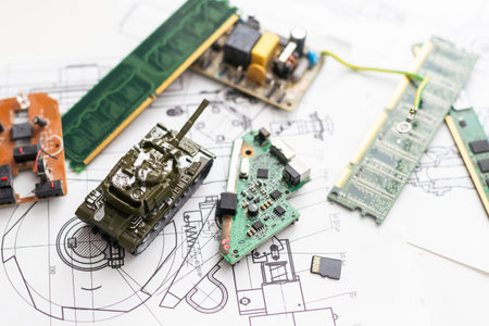 military tank and microcircuits. green camouflageの写真素材