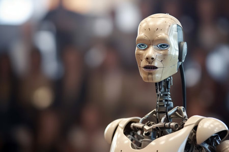 Employee robot walking with peoples. humanoid AI robot crossing street. 3d illustration. future automation job.の素材