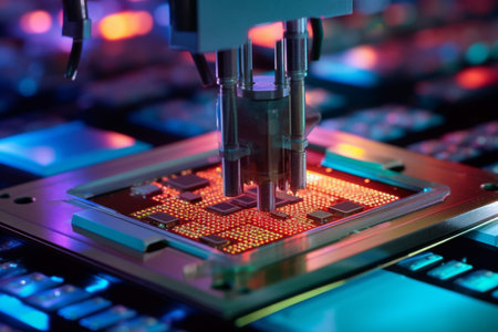 Electronics engineer repairs a chip in the workshop. Repairman heats the chipset using soldering with a hair dryer and takes the hot melting element with tongs.の素材