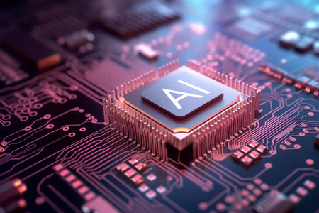 Computer mother board chip with AI text and glowing circuit background. Concept for artificial intelligence, big data, machine learning, robot trading, cryptocurrency. 3D Renderingの素材
