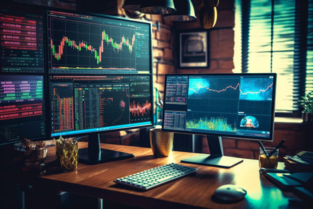 Modern computer monitor with abstract creative financial chart, research and strategy concept. 3D Renderingの素材
