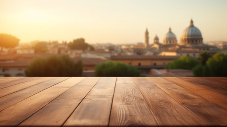 The empty wooden table top with blur background of Rome. Exuberant image.の素材