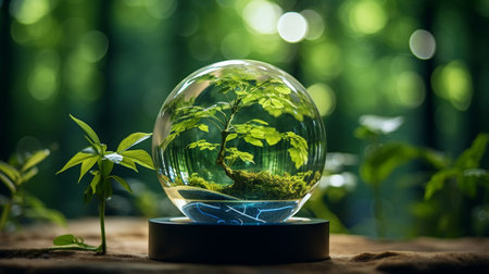 Crystal globe putting on moss, ecology and environment sustainable concept.の素材
