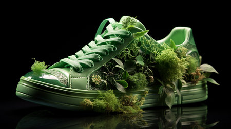 Close up new pairs of green running shoes sneaker shoes on green grass field in the park. With space for text or designの素材