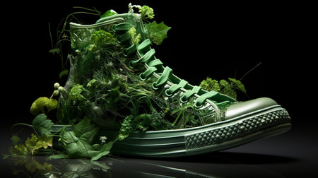 Close up new pairs of green running shoes sneaker shoes on green grass field in the park. With space for text or designの素材