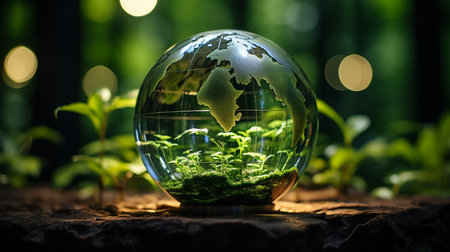 Crystal globe putting on moss, ecology and environment sustainable concept.の素材