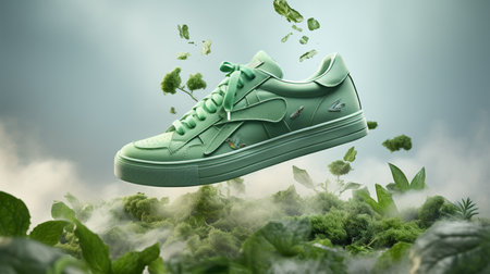 Close up new pairs of green running shoes sneaker shoes on green grass field in the park. With space for text or designの素材