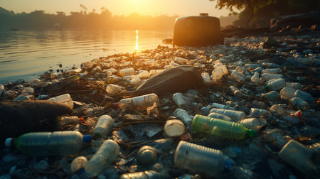 Garbage on the beach. Spilled garbage on the beach of the big city. Empty used dirty plastic bottles. Dirty sea sandy shore the Black Sea. Environmental pollution. Ecological problem.の素材