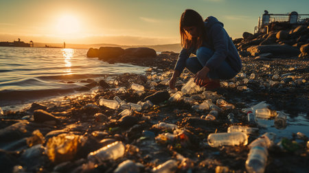 Garbage on the beach. Spilled garbage on the beach of the big city. Empty used dirty plastic bottles. Dirty sea sandy shore the Black Sea. Environmental pollution. Ecological problem.の素材