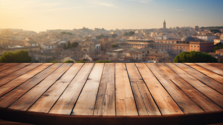 The empty wooden table top with blur background of Rome. Exuberant image.の素材