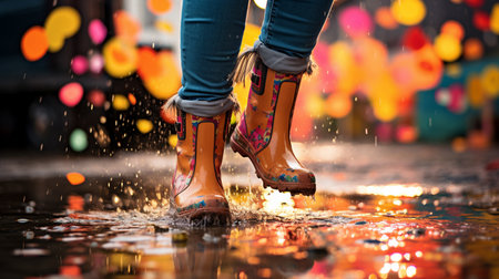 legs of child in blue rubber boots jumping in autumn puddlesの素材