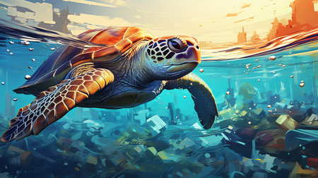 turtle swims among the corrals. Oil paintingの素材