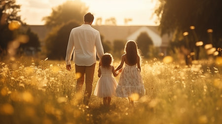Happy family running through field. Dad, mom and two daughtersの素材
