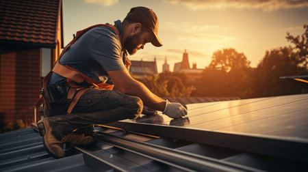 Installing solar photovoltaic panel system. Solar panel technician installing solar panels on roof. Alternative energy ecological concept.の素材