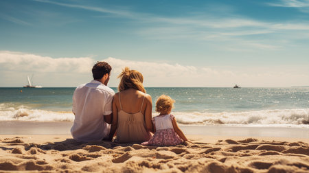 Photo of a large family in white closes on the beach. The family sits on the beach, ocean, sand image. Happy family on vacation, posing from the back without faces picture.の素材