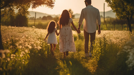 Happy family running through field. Dad, mom and two daughtersの素材